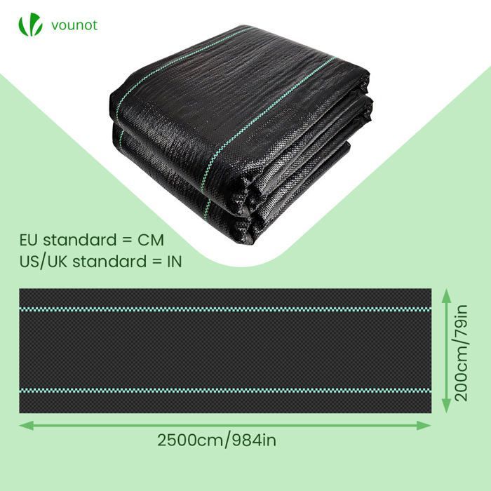 Tecido geotêxtil VOUNOT® para controle de ervas daninhas, 25m x 2m, 100g/m² - Resistente aos raios UV e ideal para o controle de ervas daninhas.