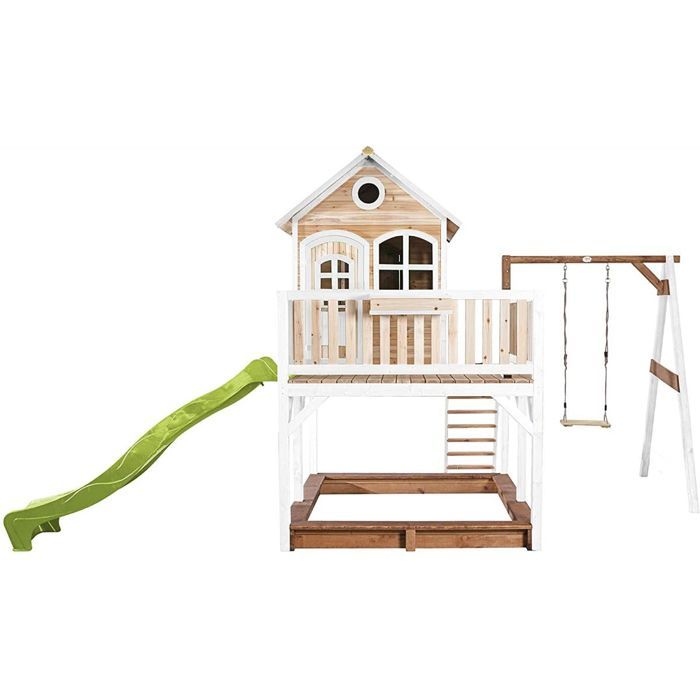 AXI Liam Children's Playhouse with Sandpit, Swing & Slide, Light Green | Outdoor Play Area in Brown & White