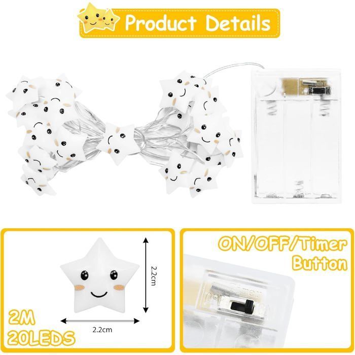 Battery Operated String Lights, 2m 20 LED Stars, Children's String Lights, with Timer, for Indoor Use
