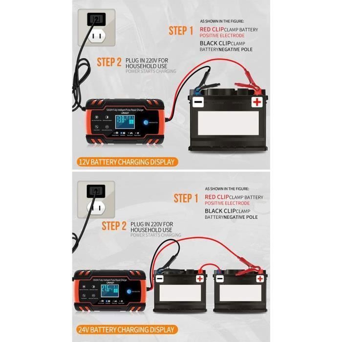 Chargeur de Batterie Intelligent 12V/24V 8A Automatique Réparation Fonction Portable avec Écran LCD, pour Voiture Moto Camion