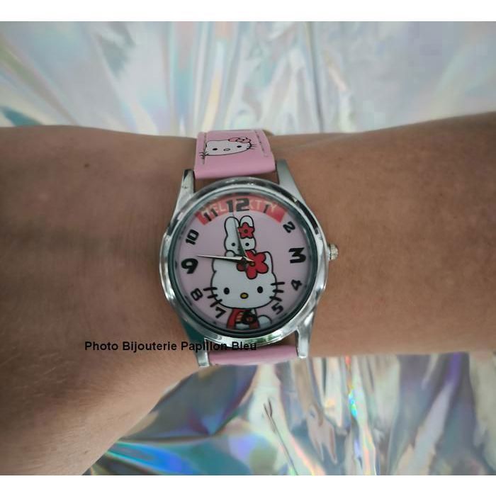 Reloj infantil - Diseño - Hello Kitty - Piel - Rosa - Esfera - Acero - Gris - Cuarzo - Números arábigos