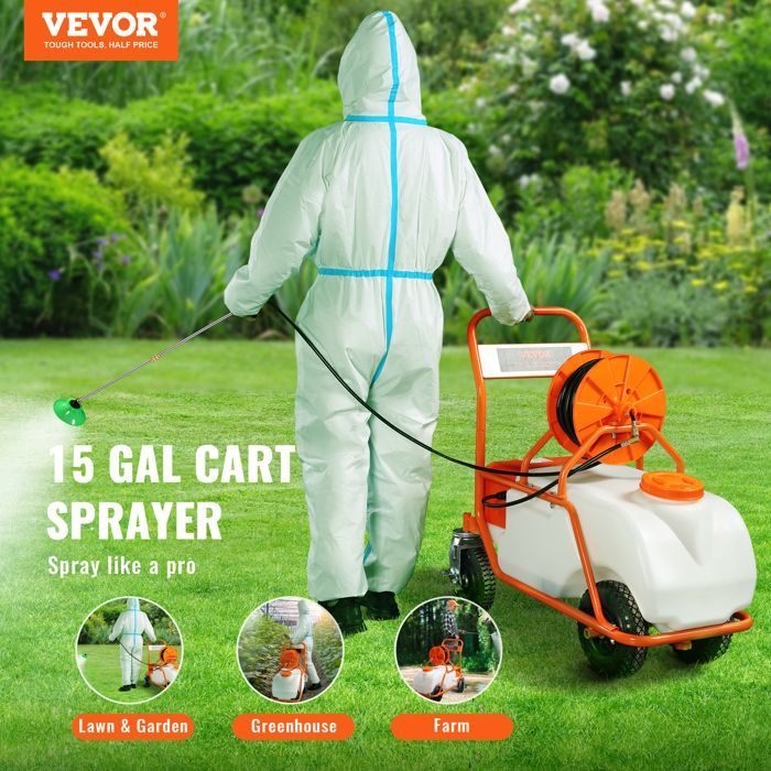 Pulverizador de césped con ruedas VEVOR - Presión ajustable de 0 a 90 PSI - Pulverizador con depósito de 60 L - Jardín, control de malezas
