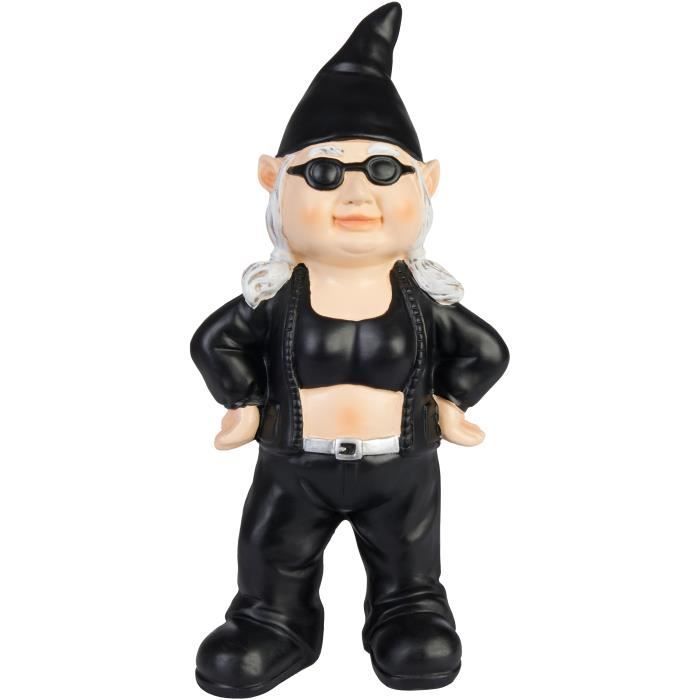 BRUBAKER Set de Nains de Jardin Biker Homme et Femme Noir - Nains Rocker avec Lunettes de Soleil - 23 cm Figure de Jardin