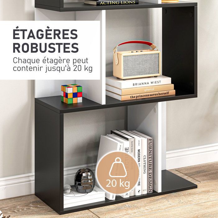 Estantería - HOMCOM - Mueble de almacenamiento en forma de S de 5 niveles para salón/dormitorio - Madera - 60x24x184,5cm - Blanco y negro