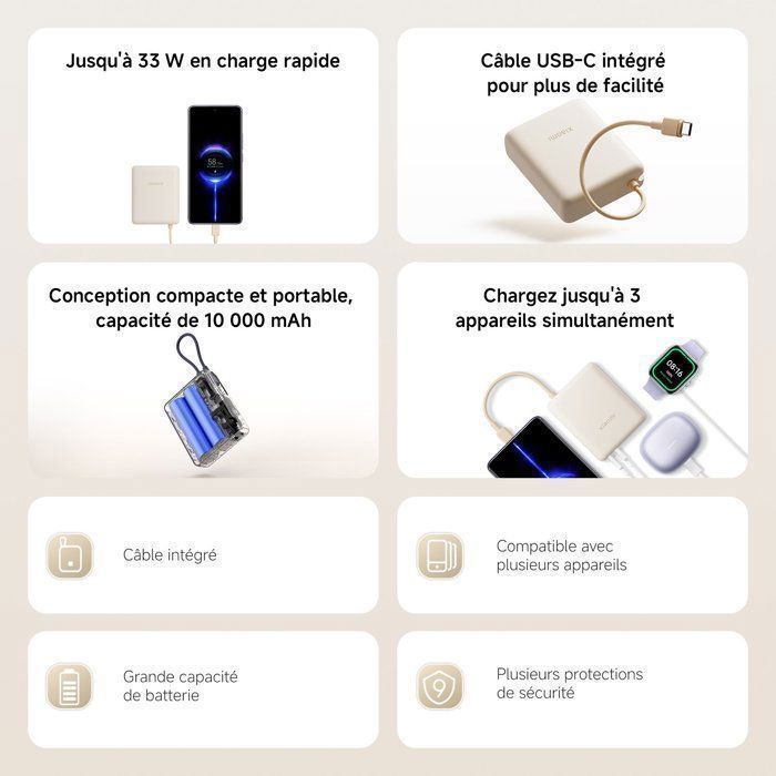 Batteria esterna - XIAOMI - Power Bank da 33 W - 10000 mAh - Cavo USB-C integrato - Blu
