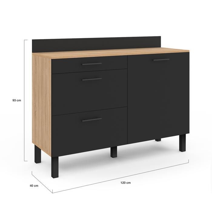 IDMARKET Buffet bas casserolier de cuisine 120 CM CINA plan de travail H.83 cm 1 porte + 3 tiroirs façon hêtre et noir