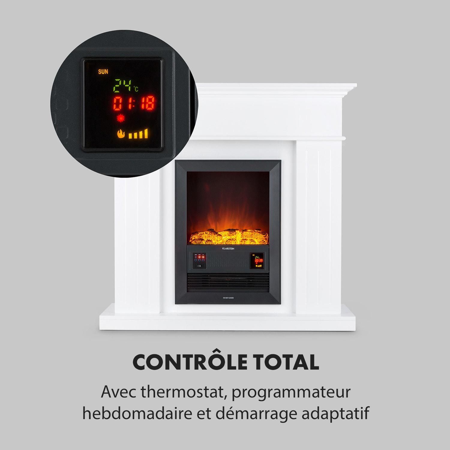Caminetto elettrico Klarstein Chamonix con termoventilatore, 2000W, per ambienti fino a 40 m², con timer settimanale e telecomando - Bianco