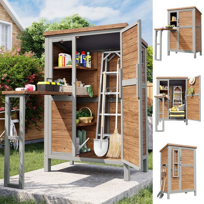 Armadio da giardino esterno impermeabile in legno di abete da 160 cm con piano di lavoro estraibile e ripiani regolabili per attrezzi da giardino.