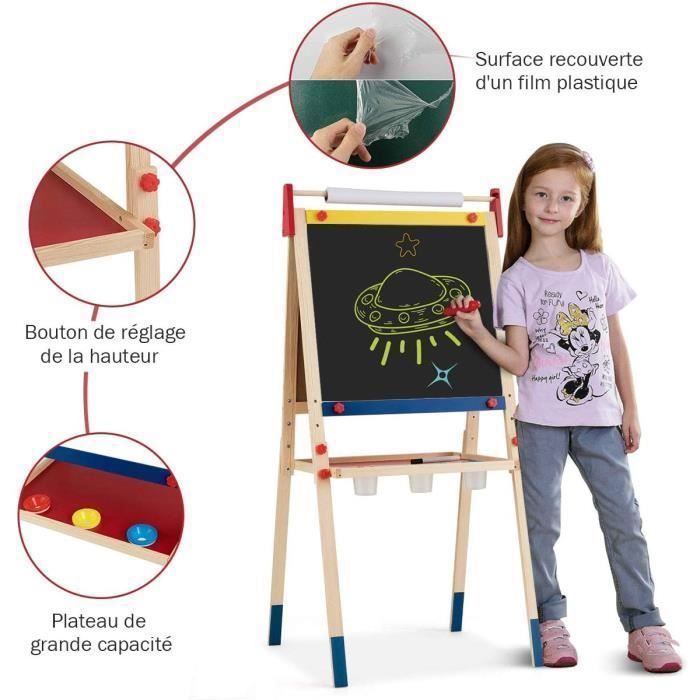 3 en 1 Chevalet pour Enfants en Bois de Pin, Tableau Magnétique en Double Face, 3 Hauteurs Disponibles