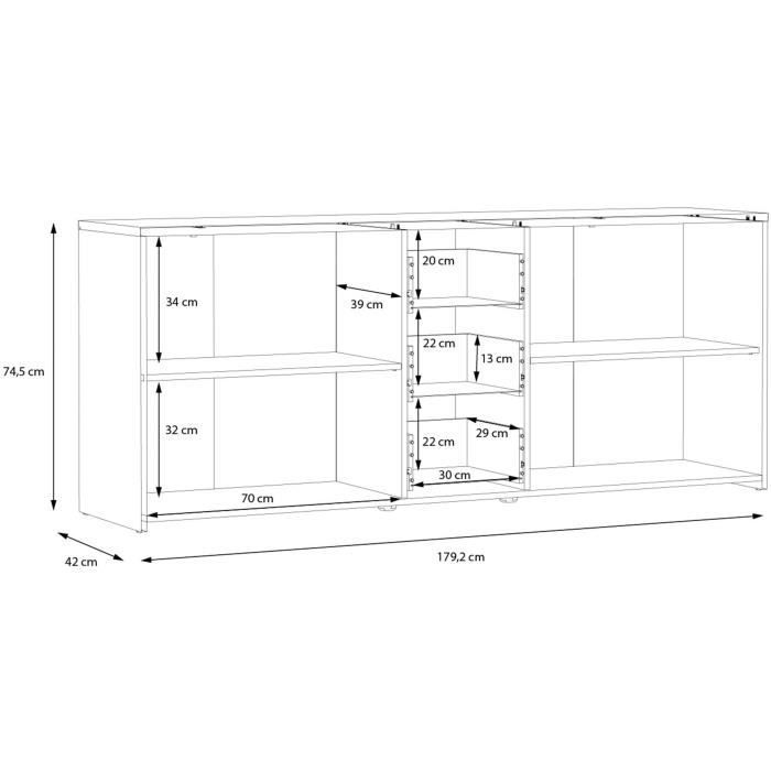 Buffet PILVI - Style contemporain - Particules mélaminé -Décor Chêne artisan et Noir- 4 portes + 3 tiroirs - L179,2 x P42 x H74,5
