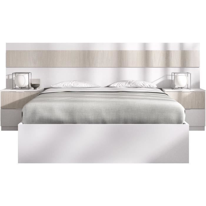 Cama adulta con mesillas de noche integradas - BIANCA - 160 x 200 cm - Blanco / Madera