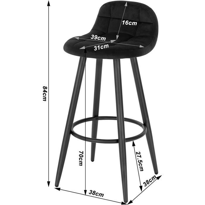 WOLTU Juego de 2 taburetes de bar modernos, sillas altas de cocina en terciopelo y metal, altura del asiento 70 cm, negro BH364sz-2