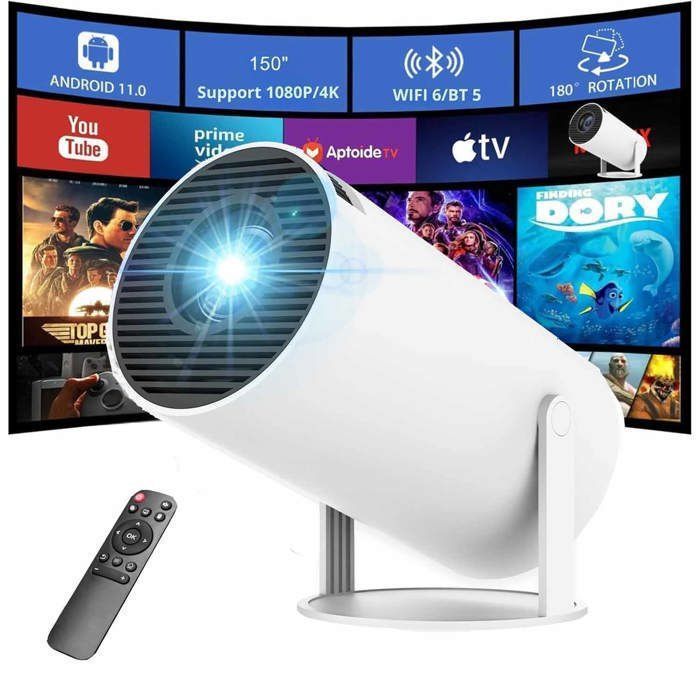 Vidéoprojecteur Mini Proyector Portátil 4K 1080P FHD 4K Portátil con Wifi 6 Bt 5.0 Rotación 180°, HDMI/TV Stick/USB/PS5 Blanco