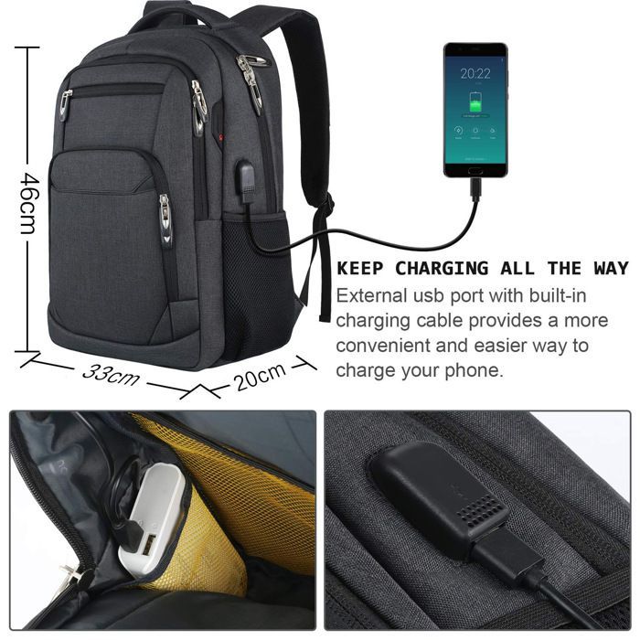 Mochila técnica impermeable de 17,3 pulgadas, gran capacidad de almacenamiento, con puerto USB - Negra