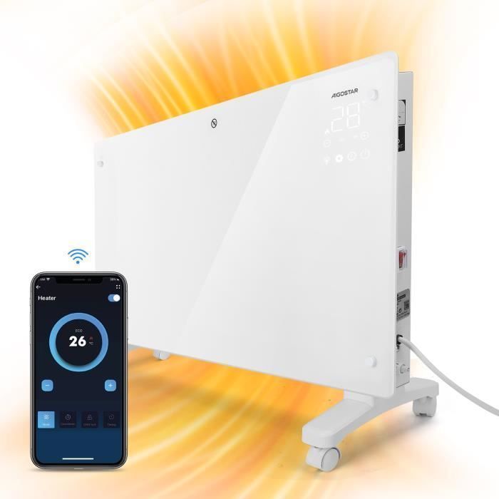 Radiatore elettrico da 2000 W con pannello in vetro ultrasottile, connessione Wi-Fi, Alexa, timer 24 ore, 3 modalità, touchscreen a LED.