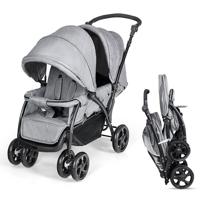 Cochecito doble plegable COSTWAY con capota ajustable, manillar, 4 ruedas con amortiguación, arnés de 5 puntos y capacidad de carga de 30 kg - Gris