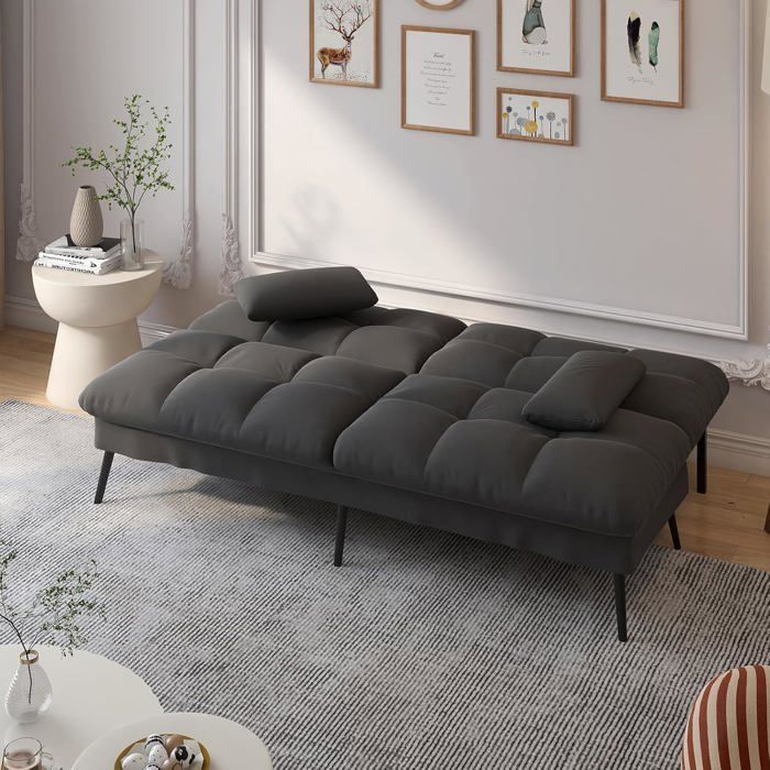 Sofá conversível de pelúcia, sofá de 3 lugares, pés de metal, 174 * 55 * 72 cm, preto