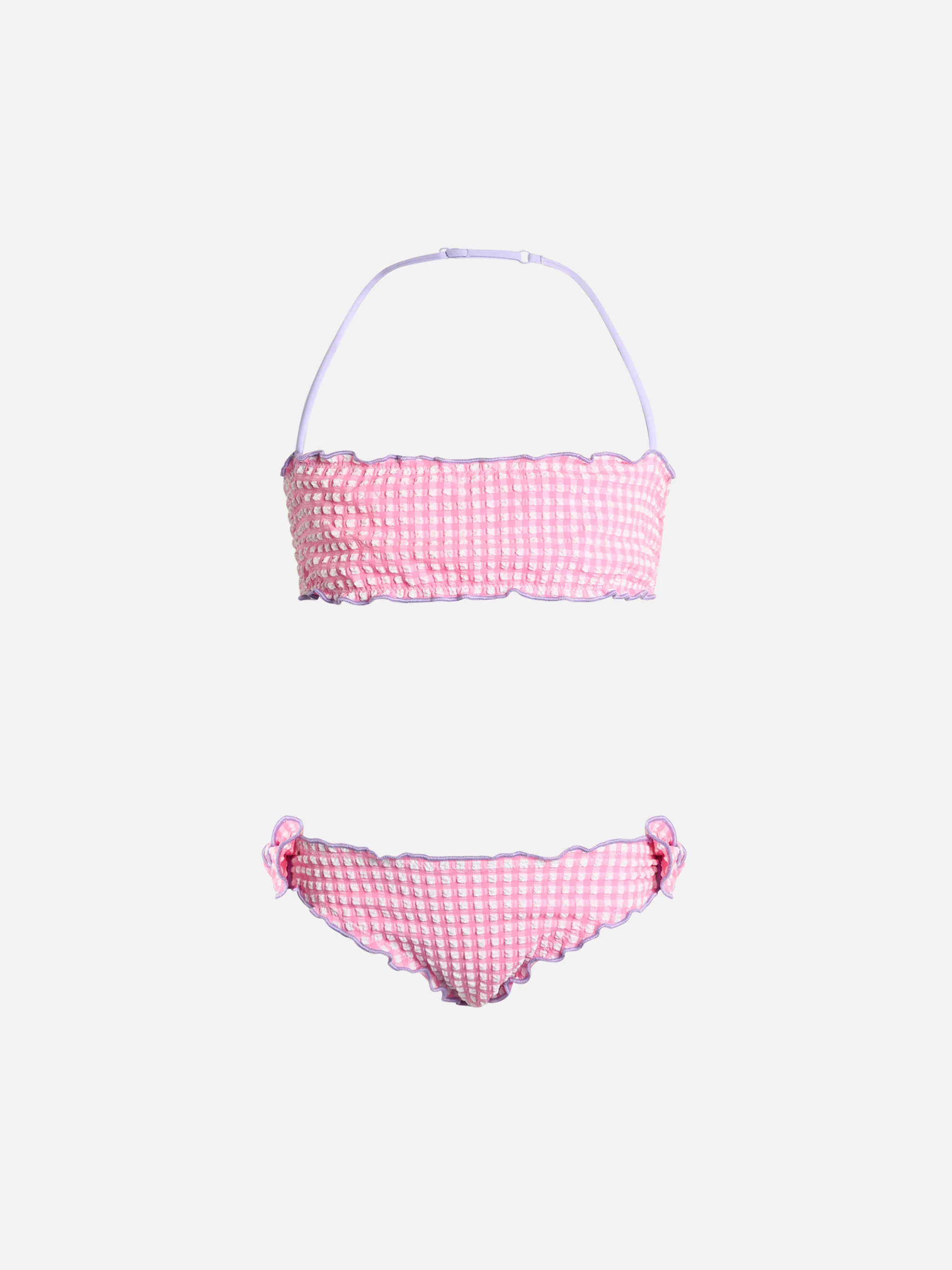 Klassieke bandeau bikini voor meisjes van Emy, gemaakt van seersucker met een klaverbladprint.