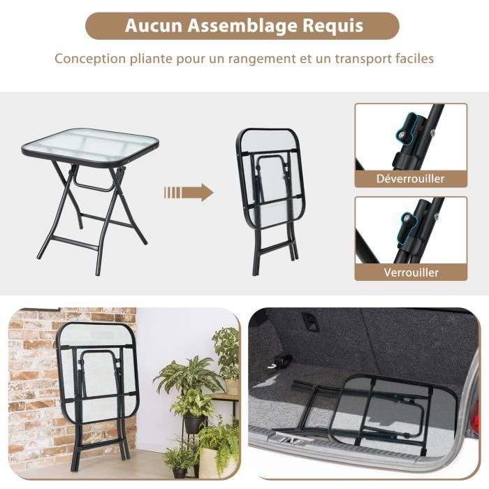 COSTWAY Folding Bistro Garden Table 46.5x46.5x42 cm in Glass and Steel for Indoor Outdoor Patio Balcony Load 25kg Black