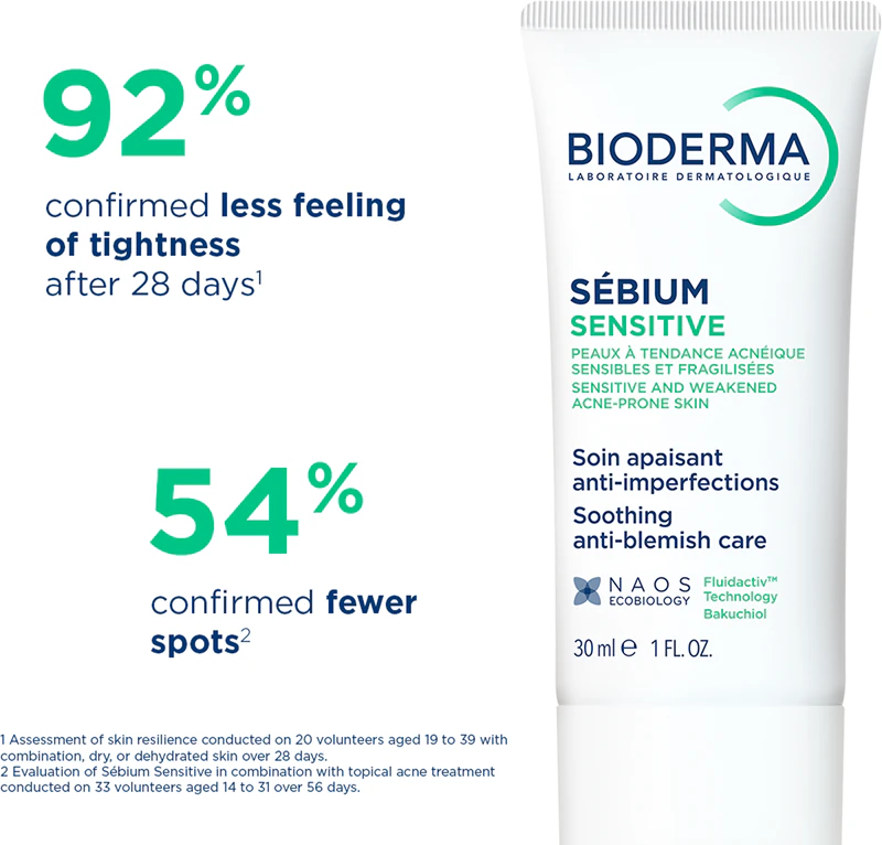 Bioderma Sébium Sensitive, intenzivní hydratační a zklidňující krém pro suchou a podrážděnou pleť způsobenou léčbou akné.
