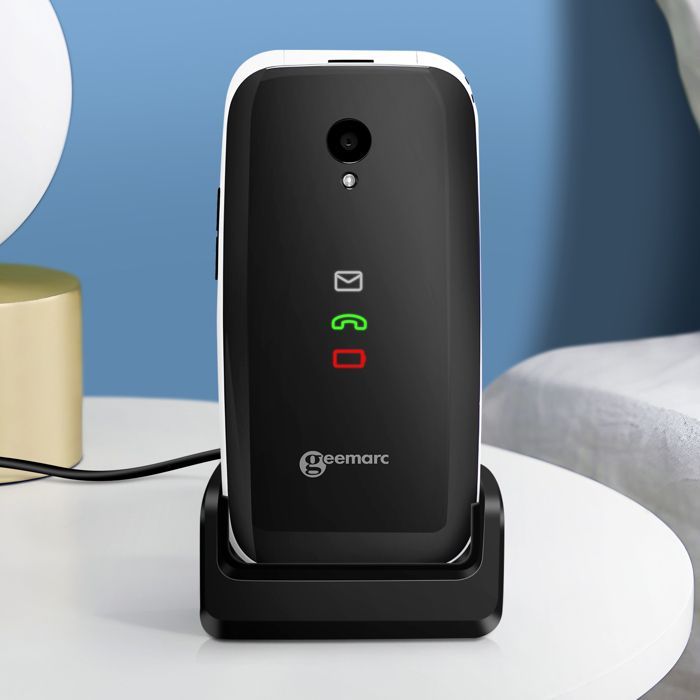 Téléphone senior clapet amplifié compatible avec appareils auditifs Geemarc Blanc / Noir
