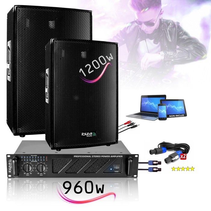 Total Ibiza Sound 2160W PA-systempakke: 2 x 3-veis høyttalere (2 x 600W) - 2 x 480W ventilert forsterker - Kabling inkludert - Ideell for selskapslokaler, klubber og bryllup
