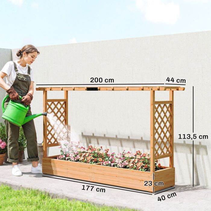 Macetero elevado Outsunny con celosía lateral y superior y orificios de drenaje para plantas trepadoras. Madera natural.