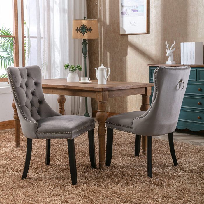 Chaise de Salle à Manger Contemporaine , Lot de 2 Chaises en Velours Rembourré avec Pieds en Bois et Garniture Cloutée,Gris