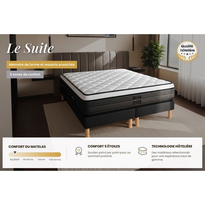 Suite 160x200 Muelles ensacados, espuma viscoelástica de 5 zonas, base de láminas dobles