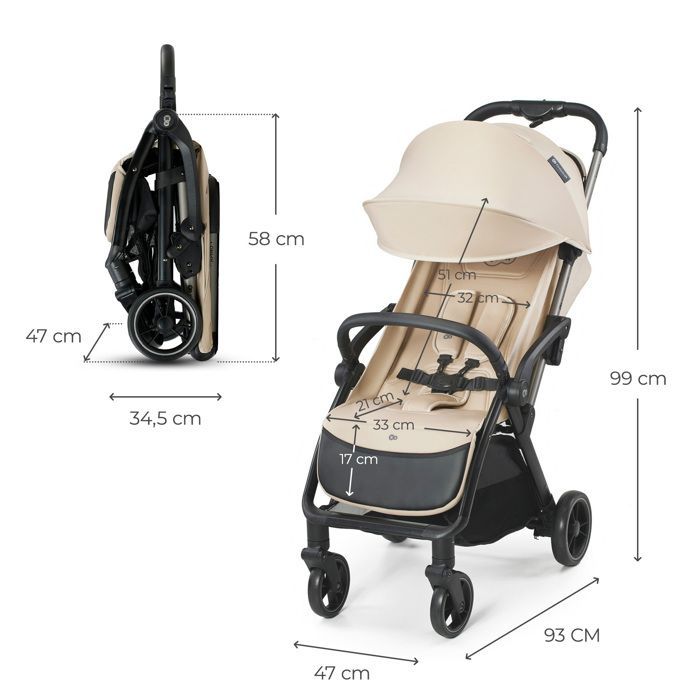 Poussette canne jusqu'à 22 kg Kinderkraft APINO, Pliage automatique, Imperméable, Poids de seulement 7,5 kg, Beige