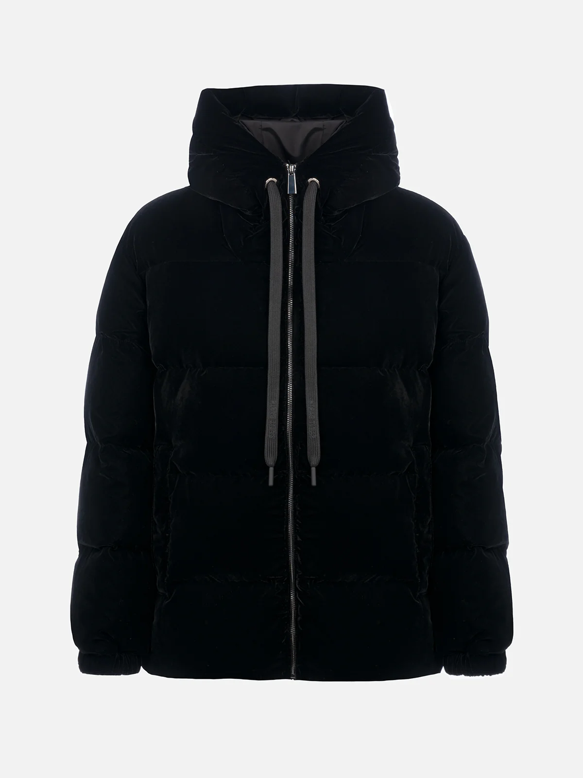 Chaqueta acolchada con capucha de terciopelo negro para mujer
