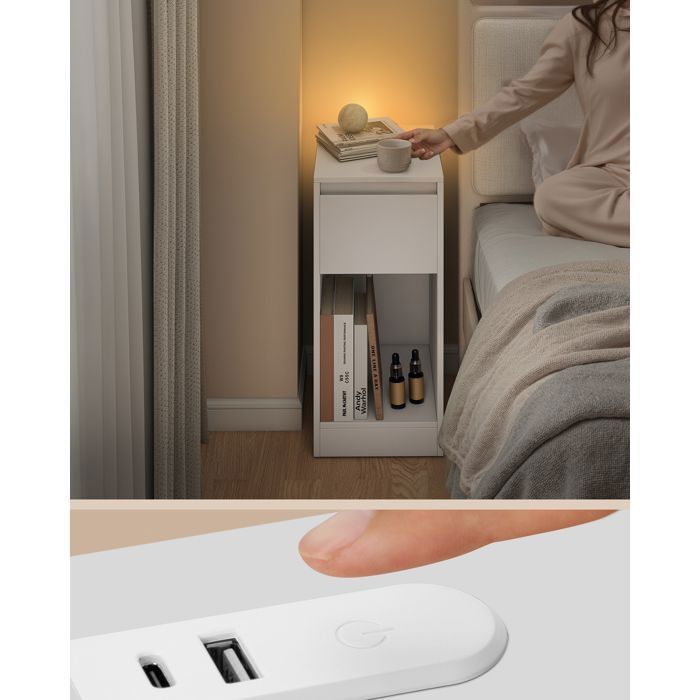 Set of 2, Narrow Bedside Tables, with LED Lighting, 1 USB-A Port, 1 USB-C Port, Drawers and Open Compartments, Cloud White