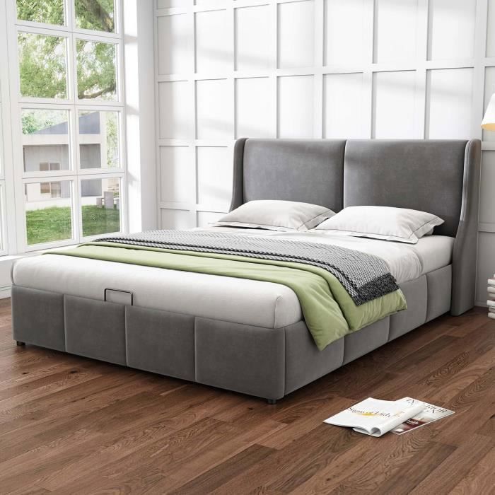 140 x 190 cm Stauraumbett – MODERNLUXE – Grau – Mit Lattenrost und Stauraum