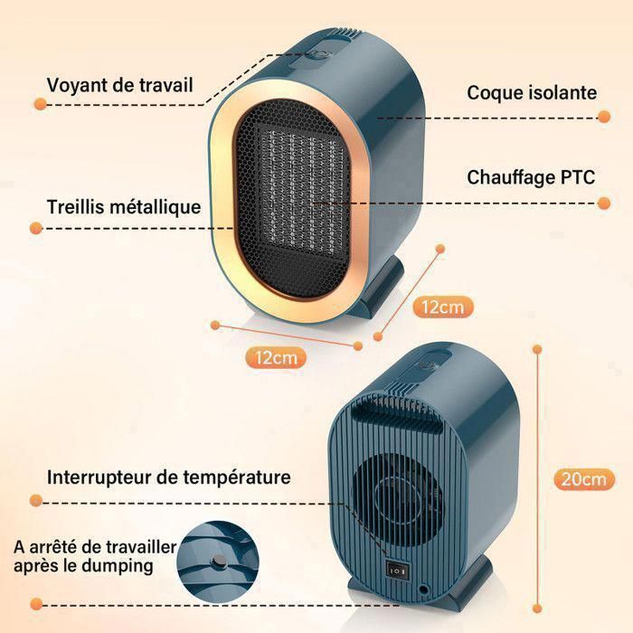 Calefactor auxiliar de 1200 W, silencioso, de bajo consumo energético, radiador de baño, calefactor con ventilador - Verde