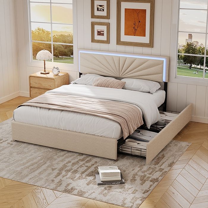 Cama doble de 160 x 200 cm, tapizada, con 4 cajones, iluminación LED, cabecero regulable en altura, color beige.