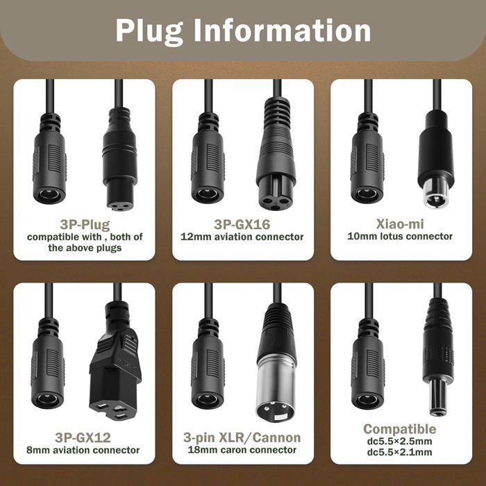 Chargeur pour trottinette électrique et hoverboard 42V 2A, 6 connecteurs inclus (DC5.5x2.1/DC5.5x2.5/8mm 3 broches/12mm 3 broches),