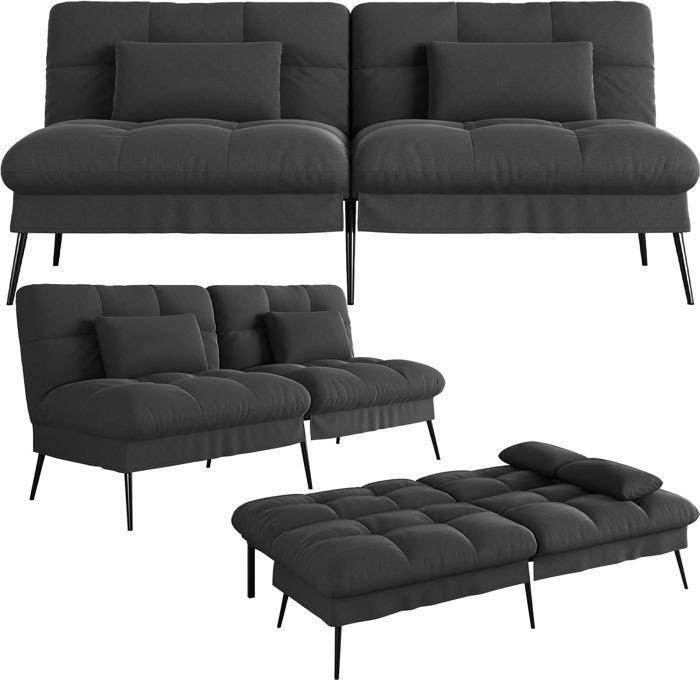 Sofá conversível de pelúcia, sofá de 3 lugares, pés de metal, 174 * 55 * 72 cm, preto