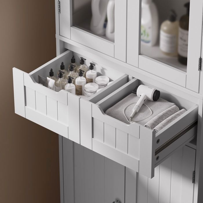 Buffet de Cuisine - Bealife - Meuble Rangement - 2 Tiroirs - Étagères Réglables - 4 Portes en Verre - Armoire Haute 170 cm - Blanc