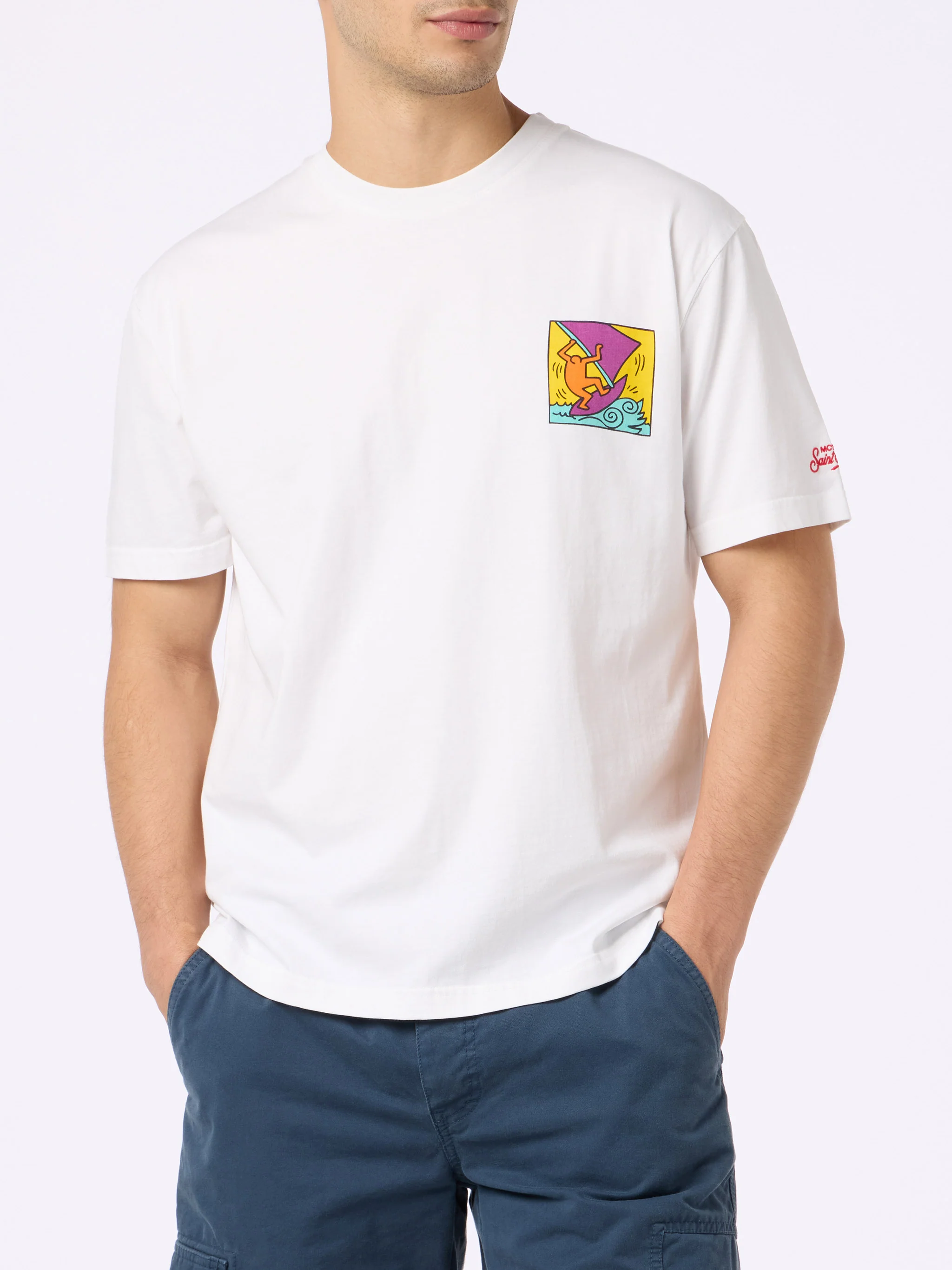 T-shirt da uomo in cotone con stampa fronte e retro del disegno Keith