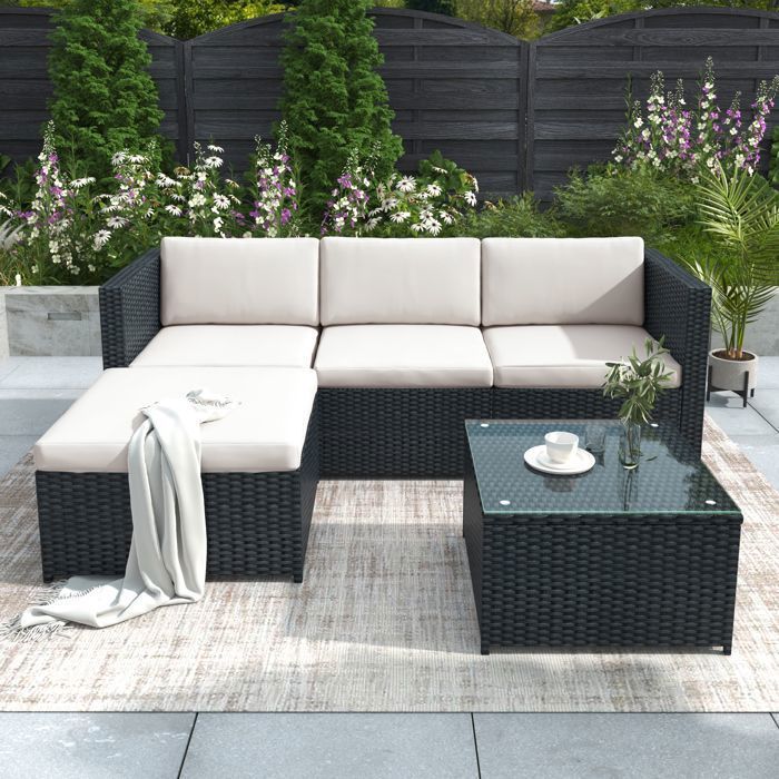 Gartenlounge-Set, 4-Sitzer-Ecksofa mit Couchtisch aus Kunstharz, schwarz