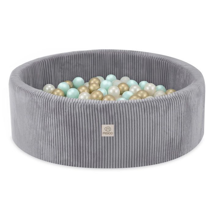 MISIOO Piscina di palline rotonda in velluto a coste per cameretta di neonati/bambini, grigia, 90x30 cm, 200 palline: Menta/Oro/Bianco perla