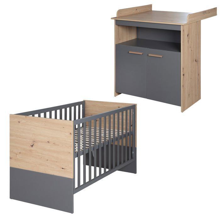 Baby room duo: Cot 60 x 120 cm + convertible changing unit - ANNA - ROBA - Kent Oak / Anthracite