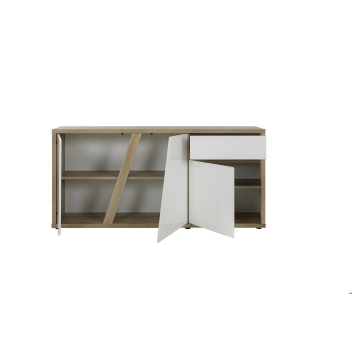 Credenza a 3 ante e 1 cassetto, in bianco lucido con effetto legno di rovere, realizzata con materiali resistenti.