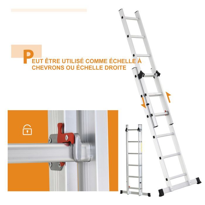 Escalera - HOMCOM - multifuncional de aluminio de 2,5 m - plegable y portátil - patas antideslizantes - carga máxima 150 kg - plateada
