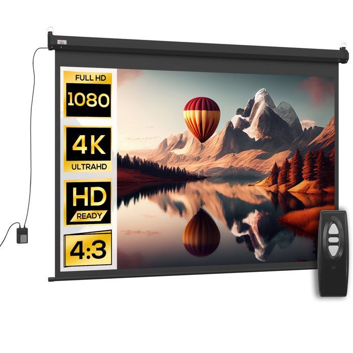 Pantalla de proyección HOMCOM de 100 pulgadas, formato 4:3, resolución 4K HD, motorizada y eléctrica, con panel de control y mando a distancia, color negro.