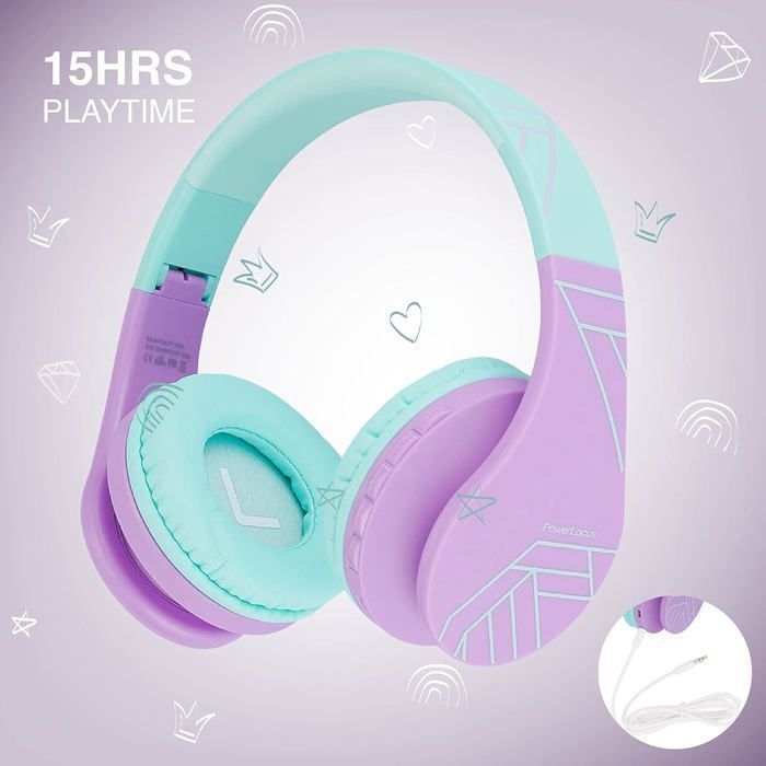 Kinderkoptelefoon - POWERLOCUS - P1Kids - Bluetooth - Turquoise-violet - Opvouwbaar