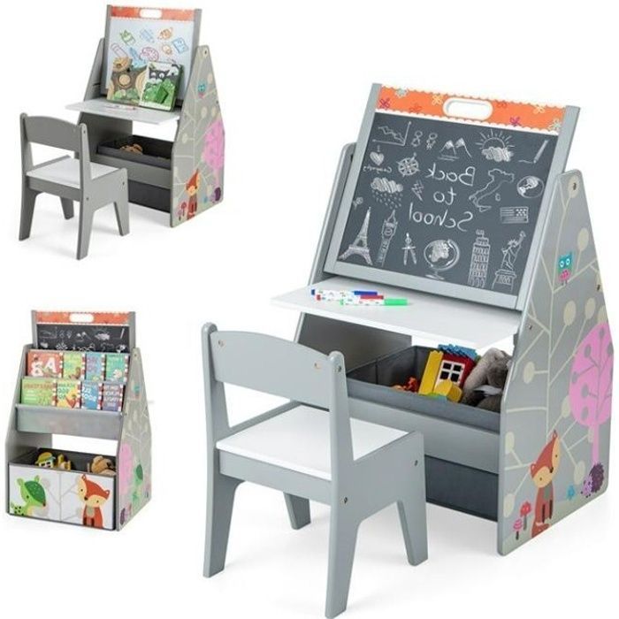 Pizarra de dibujo infantil 3 en 1 - DREAMADE - Pizarra de dibujo de doble cara - Bandeja de almacenamiento - Estantería de 2 baldas - Edades de 3 a 6 años - Gris