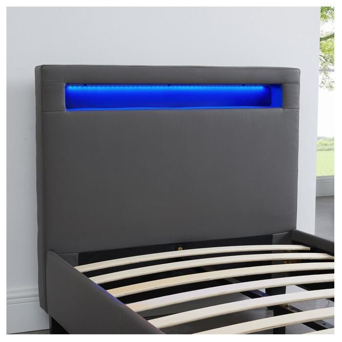 Lit LED simple 90x190 cm avec sommier, tête de lit confortable, lit 1 place revêtement synthétique gris, LUCENO