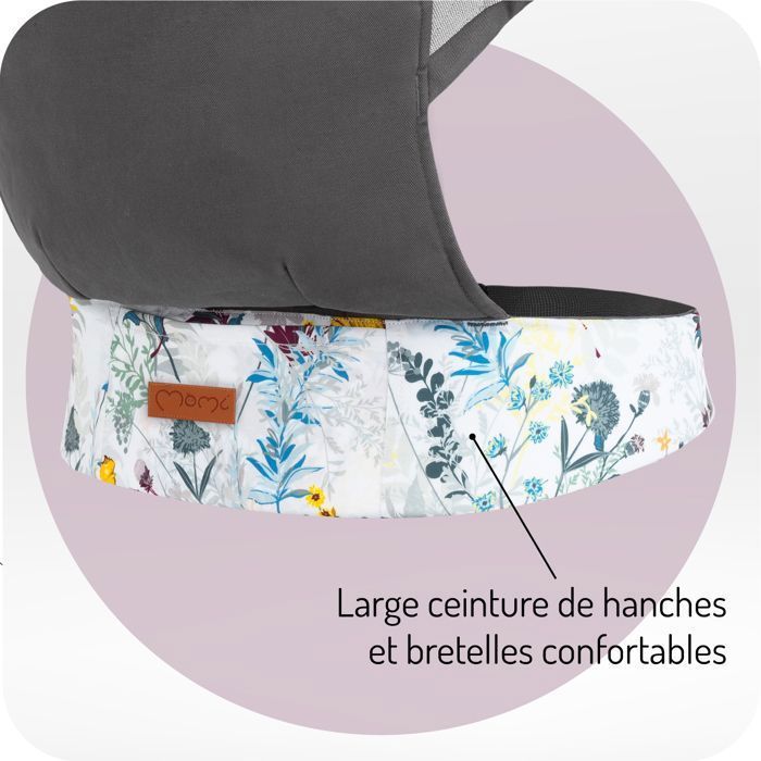 MoMi COLLET – Portabebés ergonómico y fisiológico – Para llevar al bebé delante o a la espalda – Ajustable – Hasta 15 kg – Estampado floral