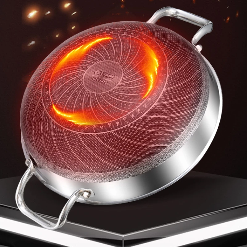 Poêle wok antiadhésive en acier inoxydable 304 de 32 cm, à fond alvéolé, de qualité alimentaire, compatible avec les plaques à induction et à gaz. Durable.